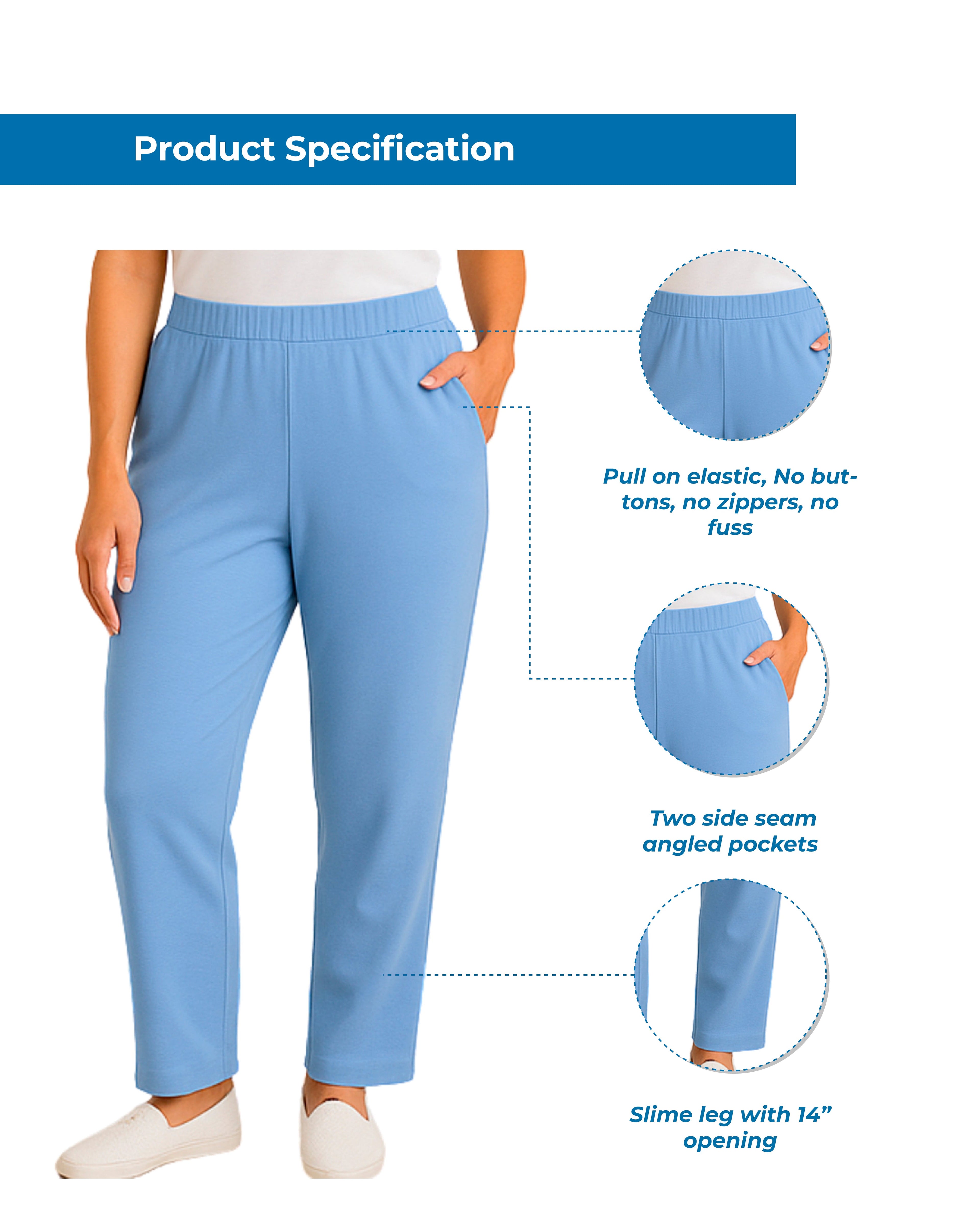 Women's Knit Pull on Pants - Cotton Blend with Flat Front waistband